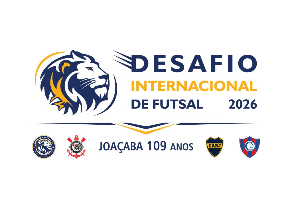 Arte oficial do Desafio Internacional de Futsal 2026, com os escudos de Joaçaba, Corinthians, Boca Juniors e Cerro Porteño